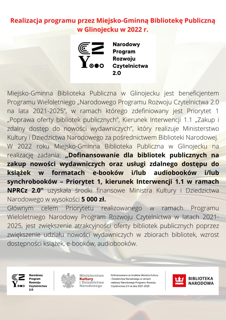 Realizacja programu przez Miejsko Gminną Bibliotekę Publiczną w Glinojecku w 2022 r. 750